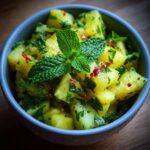 A bowl of Pineapple Cucumber Salad with fresh mint and chili flakes, ready to serve.