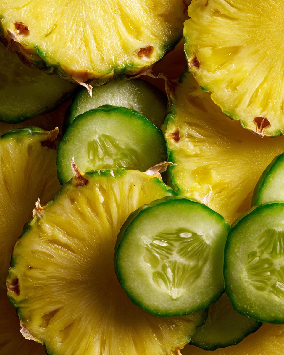 Close-up of pineapple slices and cucumber rounds, key ingredients for Pineapple Cucumber Salad.