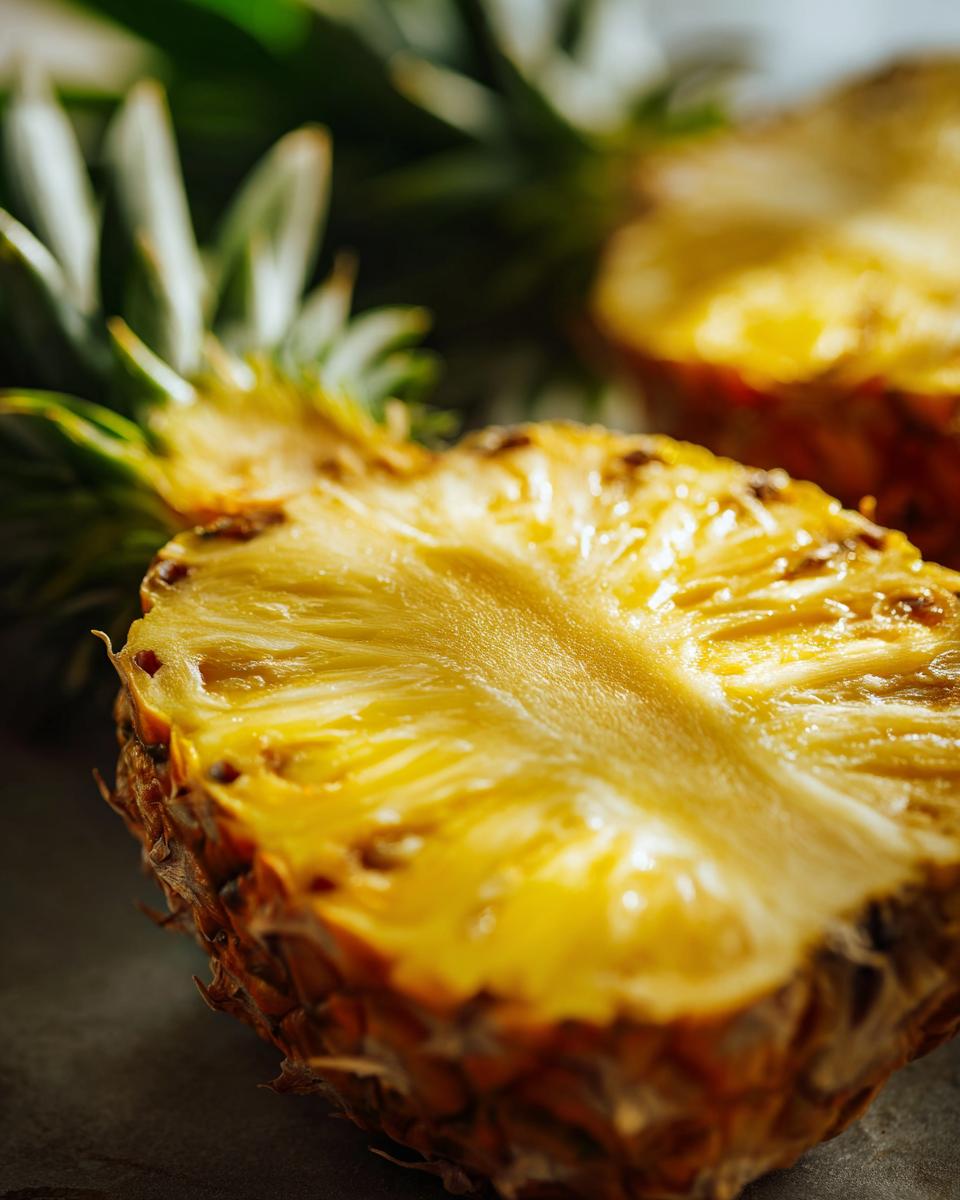 Close-up of a halved pineapple, ready to be used in a refreshing Pineapple Cucumber Salad.