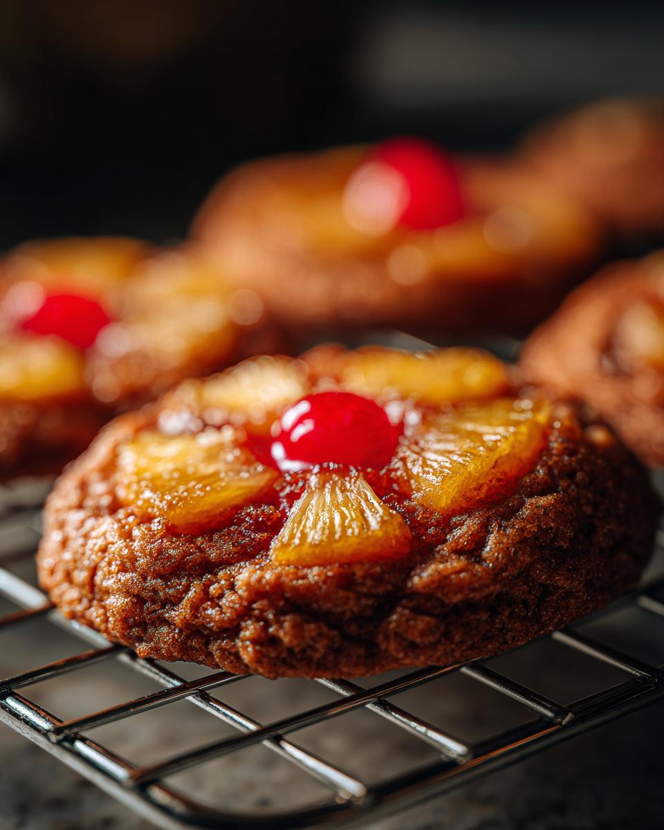 Close-up of Pineapple Upside-Down Cookies with pineapple and cherry topping on a wire rack.