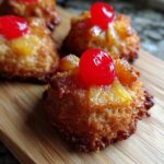 Close-up of Pineapple Upside-Down Cookies topped with pineapple and a cherry on a wooden board.