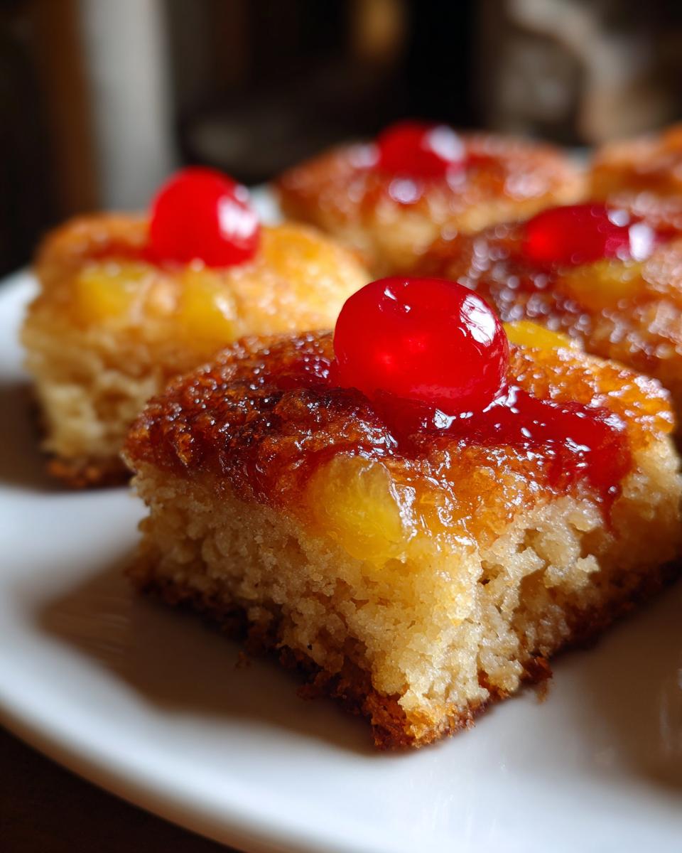 Close-up of Pineapple Upside-Down Cookies topped with pineapple and a bright red cherry on a white plate.