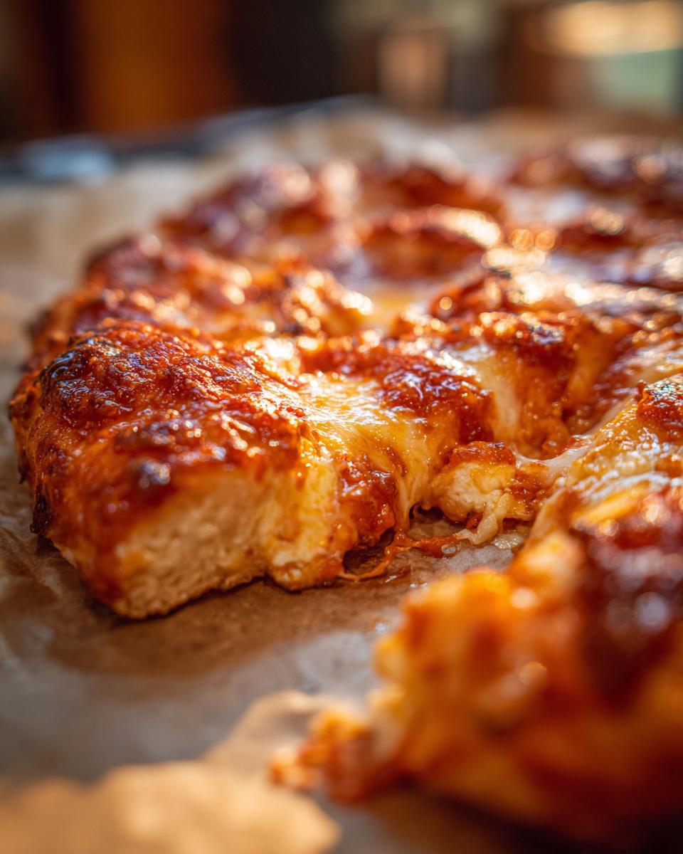 A close-up of a Pizza Cottage Cheese Bake with melted cheese and a golden-brown crust.