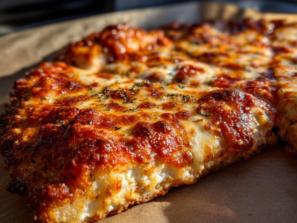 Close-up of a slice of Pizza Cottage Cheese Bake with melted cheese and herbs.