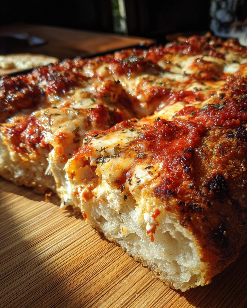 Close-up of a slice of Pizza Cottage Cheese Bake with a golden crust, tomato sauce, and cottage cheese filling.