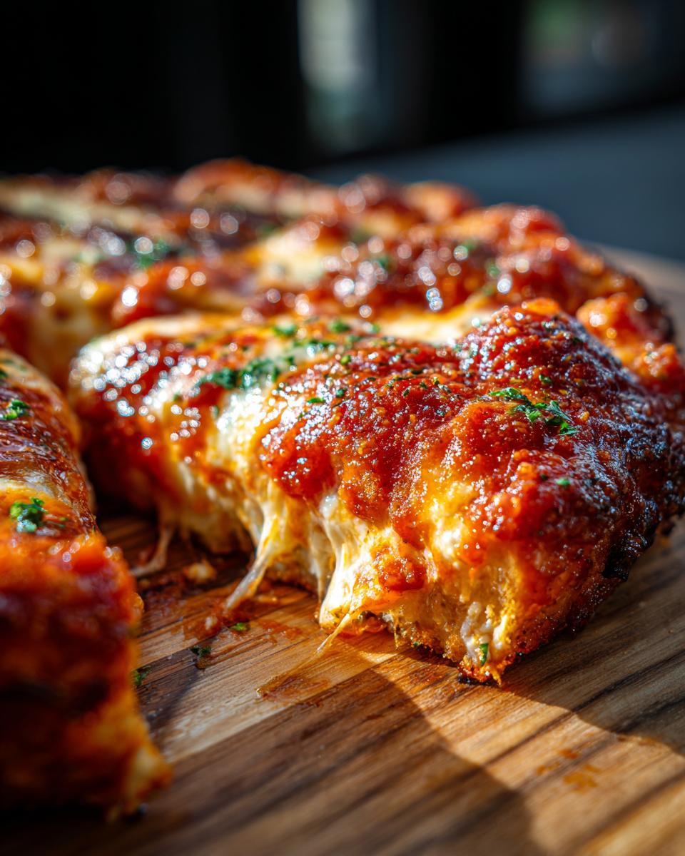 Close up of a slice of Pizza Cottage Cheese Bake with melted cheese and tomato sauce on a wooden board.