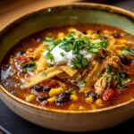 A delicious bowl of Poblano Chicken Tortilla Soup, garnished with tortilla strips, sour cream, and cilantro.