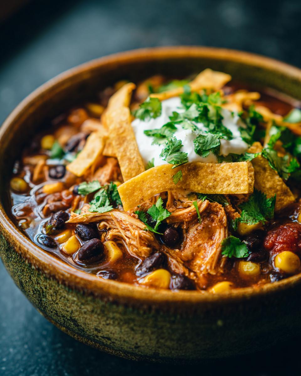 Close-up of Poblano Chicken Tortilla Soup in a bowl, topped with tortilla strips, sour cream, and cilantro.