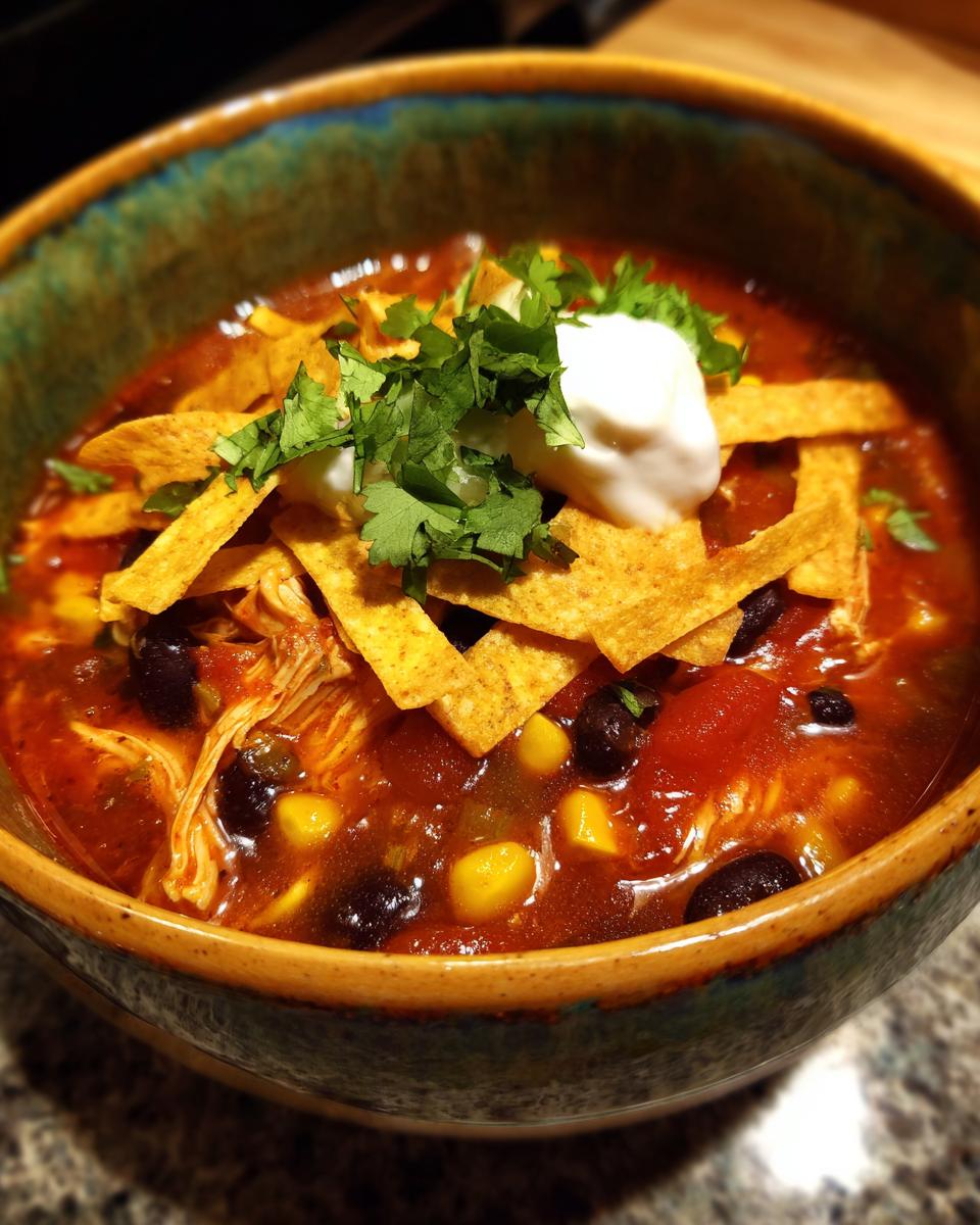 A bowl of Poblano Chicken Tortilla Soup topped with tortilla strips, sour cream, and cilantro.
