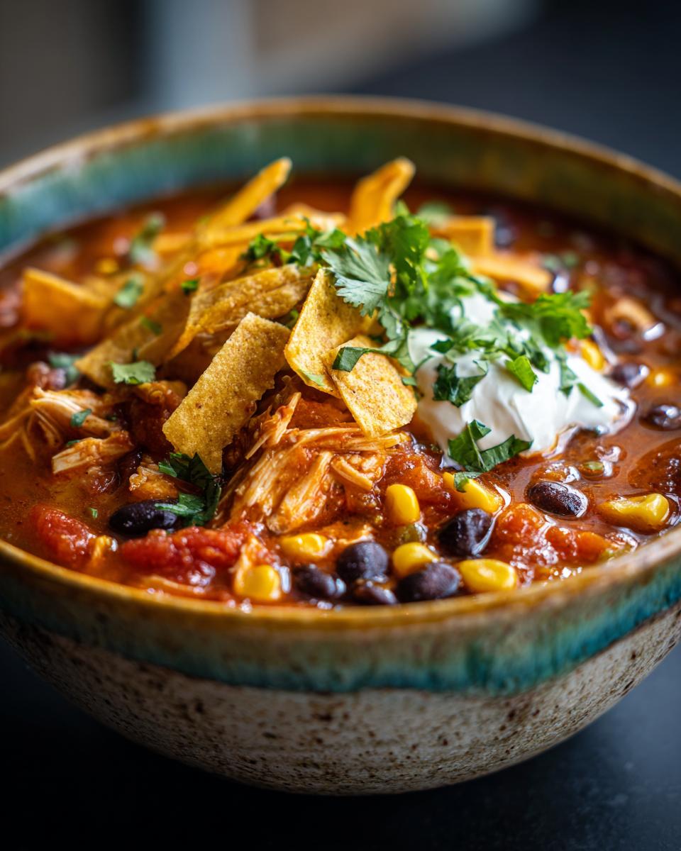 A flavorful bowl of Poblano Chicken Tortilla Soup topped with tortilla strips, sour cream, and cilantro.