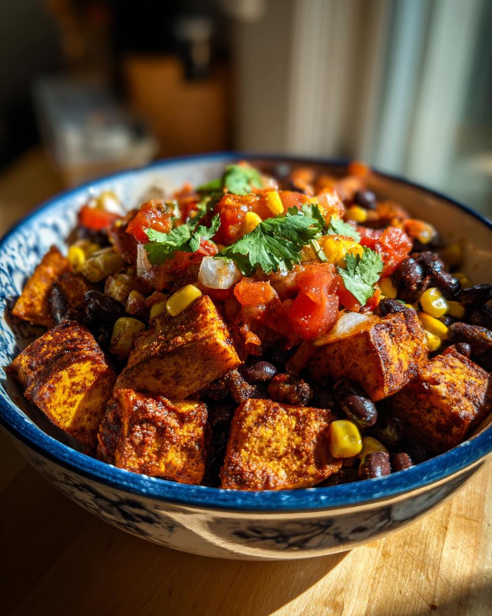 A vibrant bowl of Potato Taco Bowls with potatoes, black beans, corn, salsa, and cilantro.