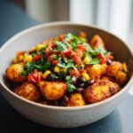 A bowl of Potato Taco Bowls with black beans, corn, tomatoes, and cilantro.