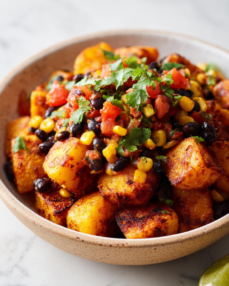 Close-up of a bowl of Potato Taco Bowls with black beans, corn, tomatoes, and cilantro.