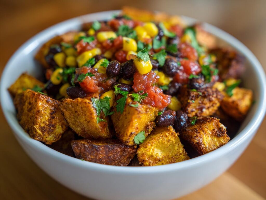 A vibrant bowl of Potato Taco Bowls, featuring seasoned potatoes, black beans, corn, salsa, and cilantro.