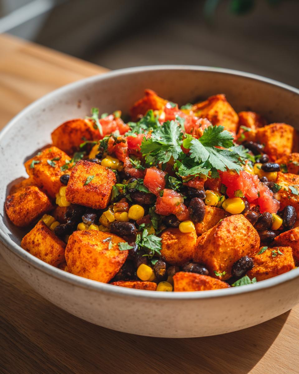 Close-up of a vibrant Potato Taco Bowl with roasted potatoes, black beans, corn, tomato salsa, and cilantro.