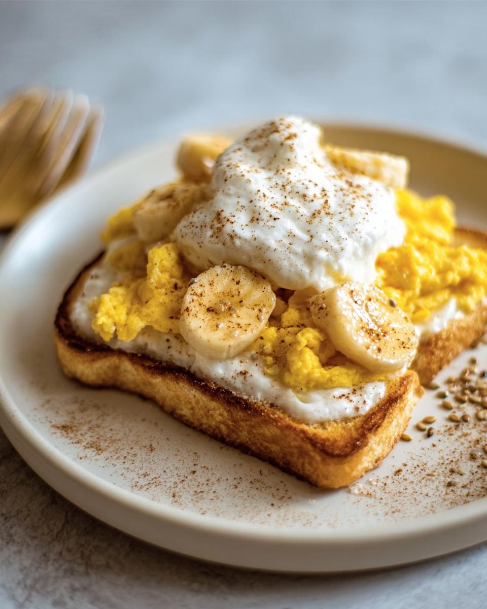 Toast topped with scrambled eggs, yogurt, and banana slices. A delicious and easy Protein Breakfast Recipe.