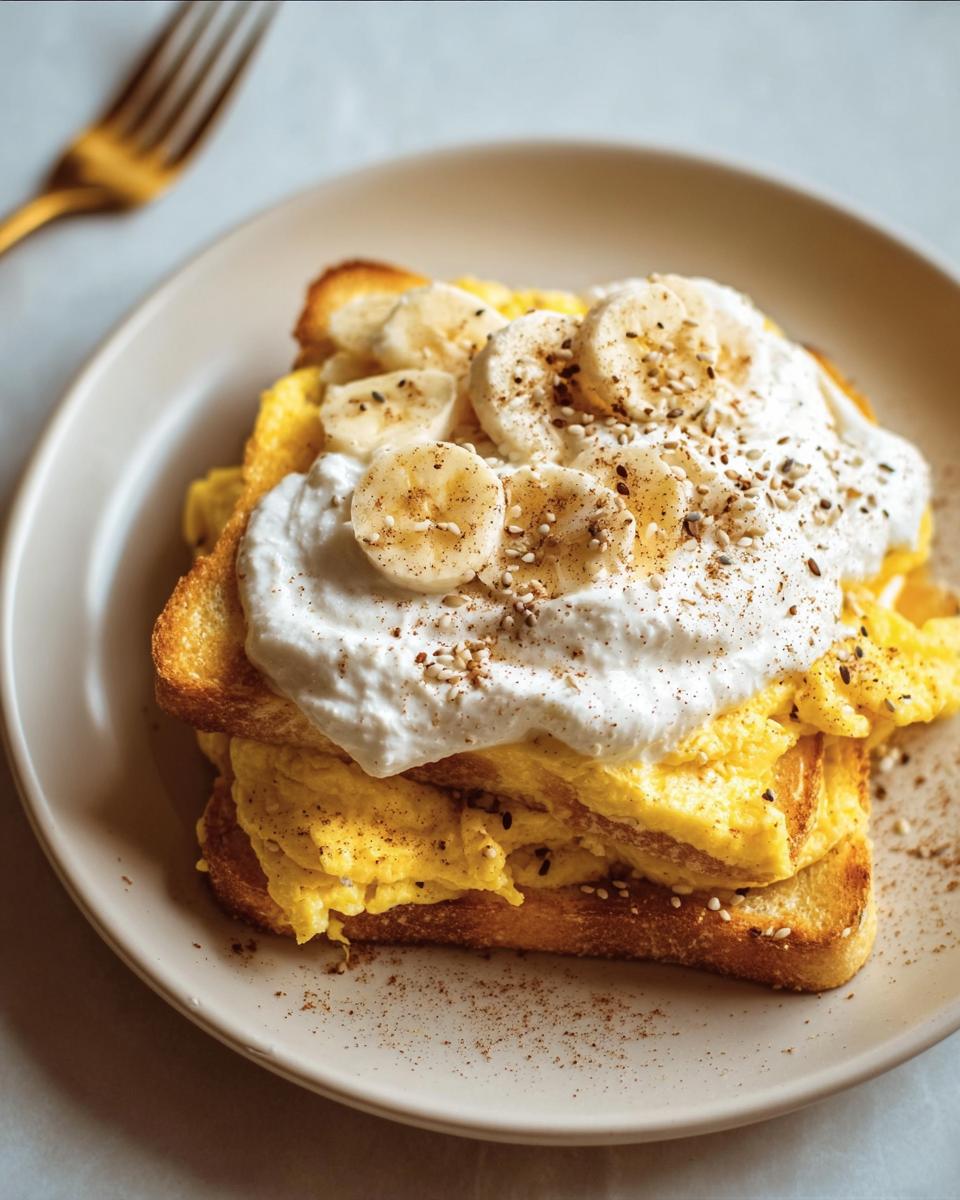 Egg toast with creamy topping and banana slices. A delicious and easy Protein Breakfast Recipes idea.