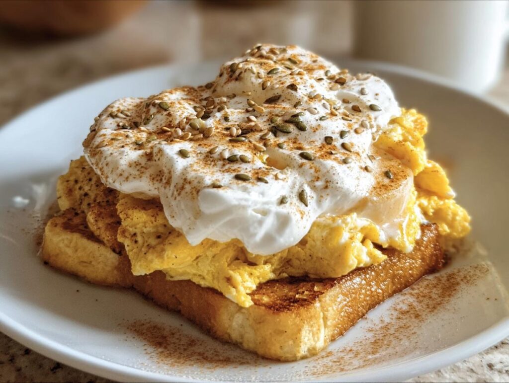 Toast topped with scrambled eggs, a dollop of cream, and seeds. One of many delicious Protein Breakfast Recipes.