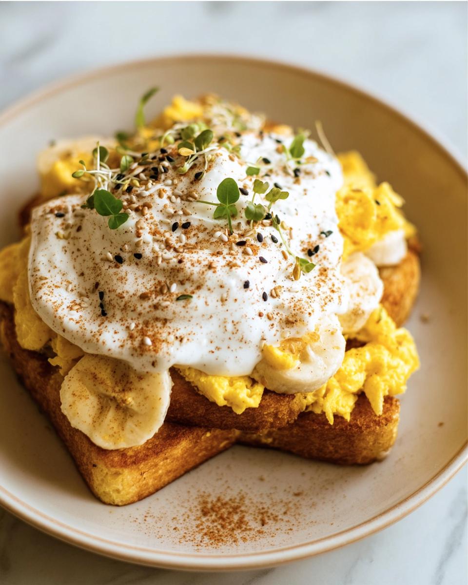 Toast topped with scrambled eggs, banana slices, yogurt, and seeds. One of many delicious Protein Breakfast Recipes.