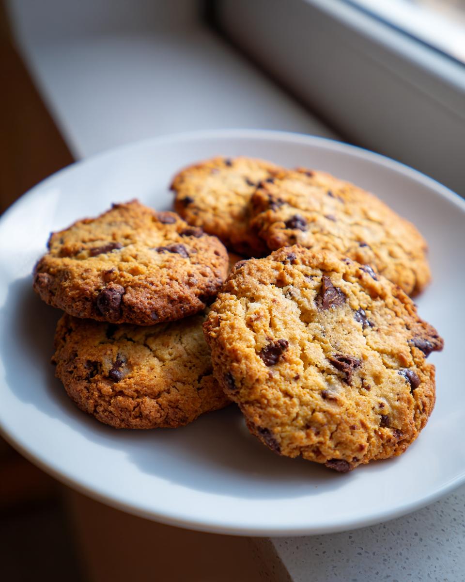 Four Protein Greek Yogurt Cookie with chocolate chips on a white plate, near a window.
