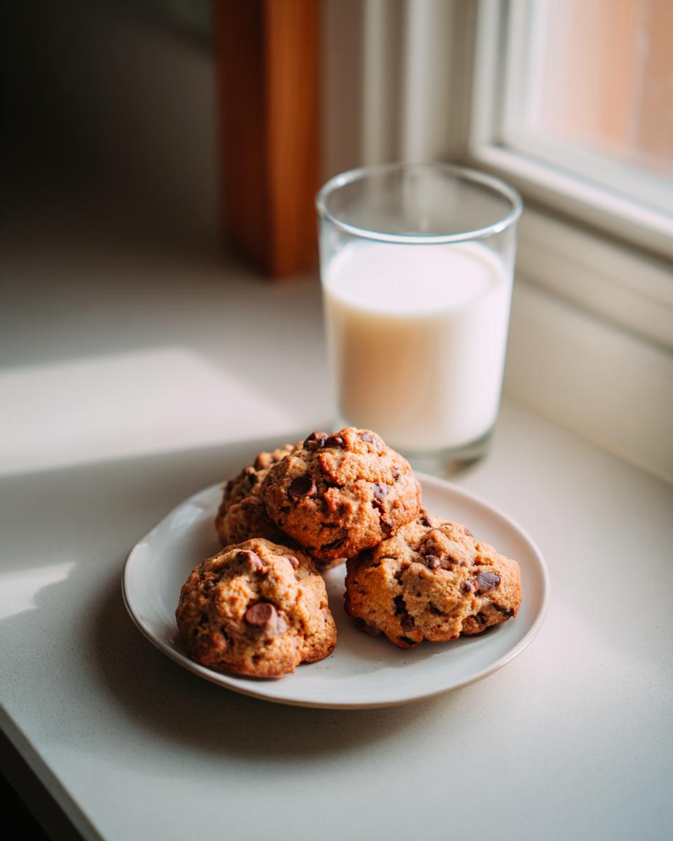 A plate of Protein Greek Yogurt Cookies next to a glass of milk on a bright windowsill.