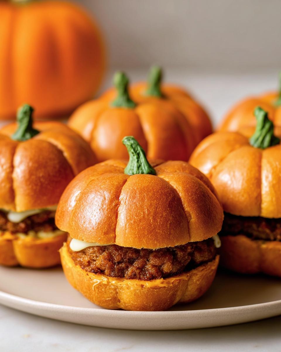 A plate of festive Pumpkin-Shaped Sliders Halloween treats, shaped like pumpkins with green stem details.