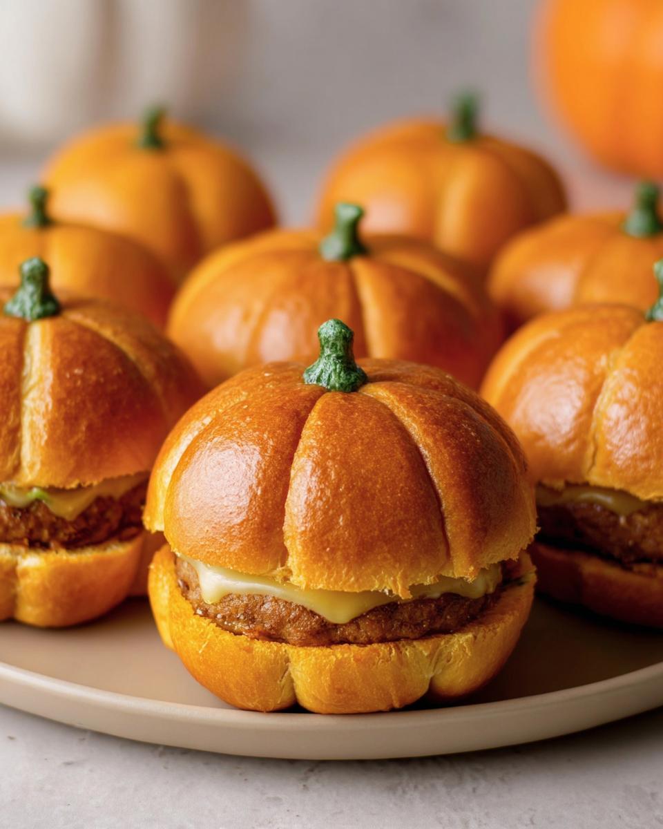 Close-up of Pumpkin-Shaped Sliders Halloween on a plate, styled to look like pumpkins with green stem decorations.