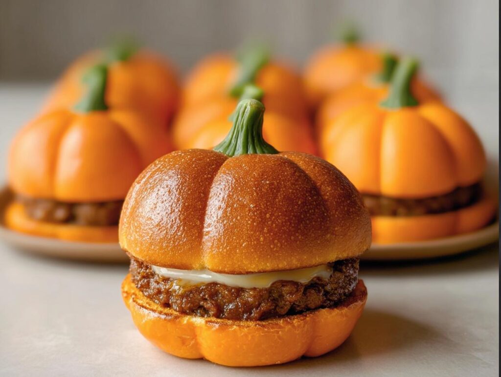 Close-up of a Pumpkin-Shaped Sliders Halloween. Several sliders are in the background.