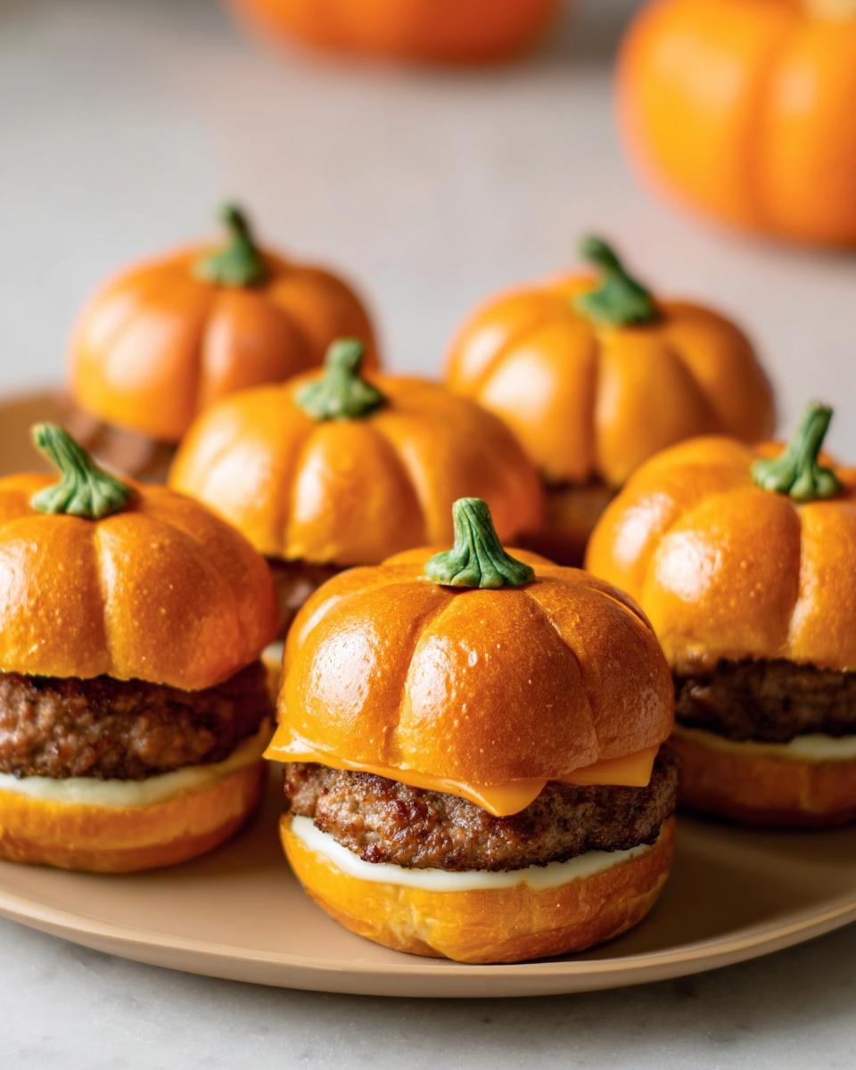 A plate of festive Pumpkin-Shaped Sliders Halloween treats, styled to look like pumpkins with green stem decorations.