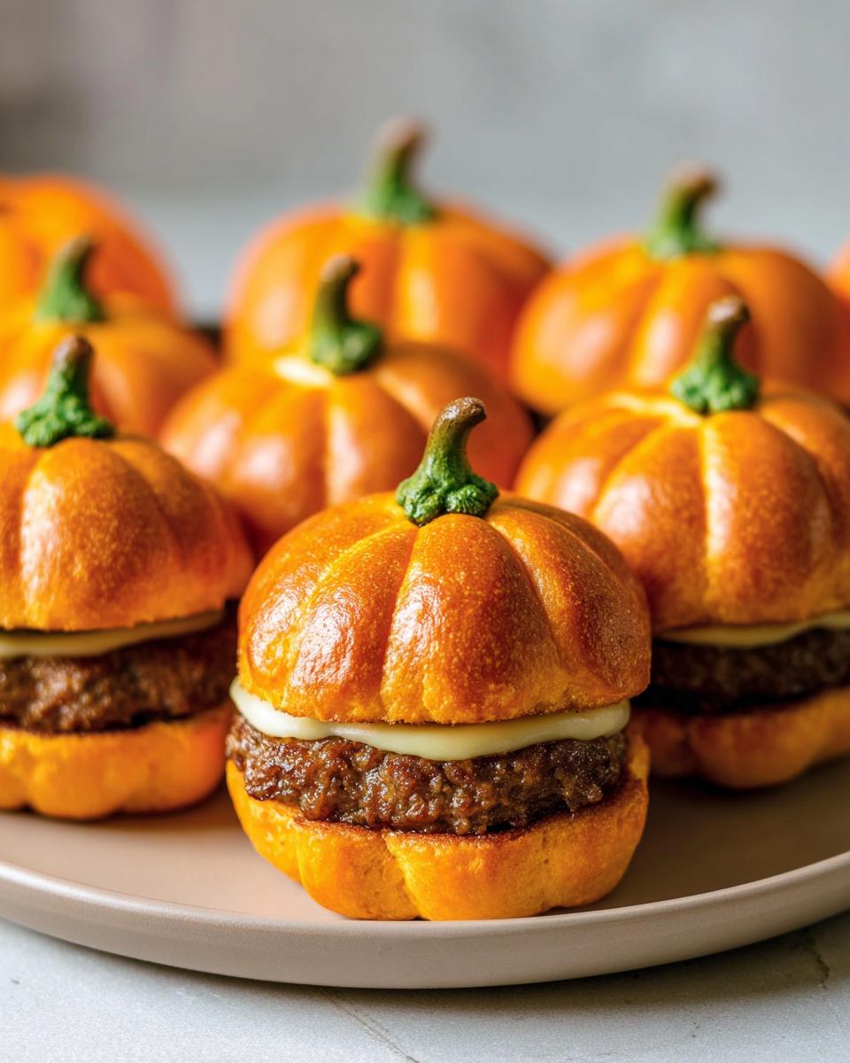 A plate of festive Pumpkin-Shaped Sliders Halloween treats, styled to look like pumpkins with green stem details.