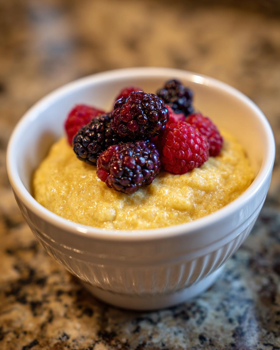 Bowl of creamy quinoa pudding topped with fresh raspberries and blackberries. A healthy and delicious treat.