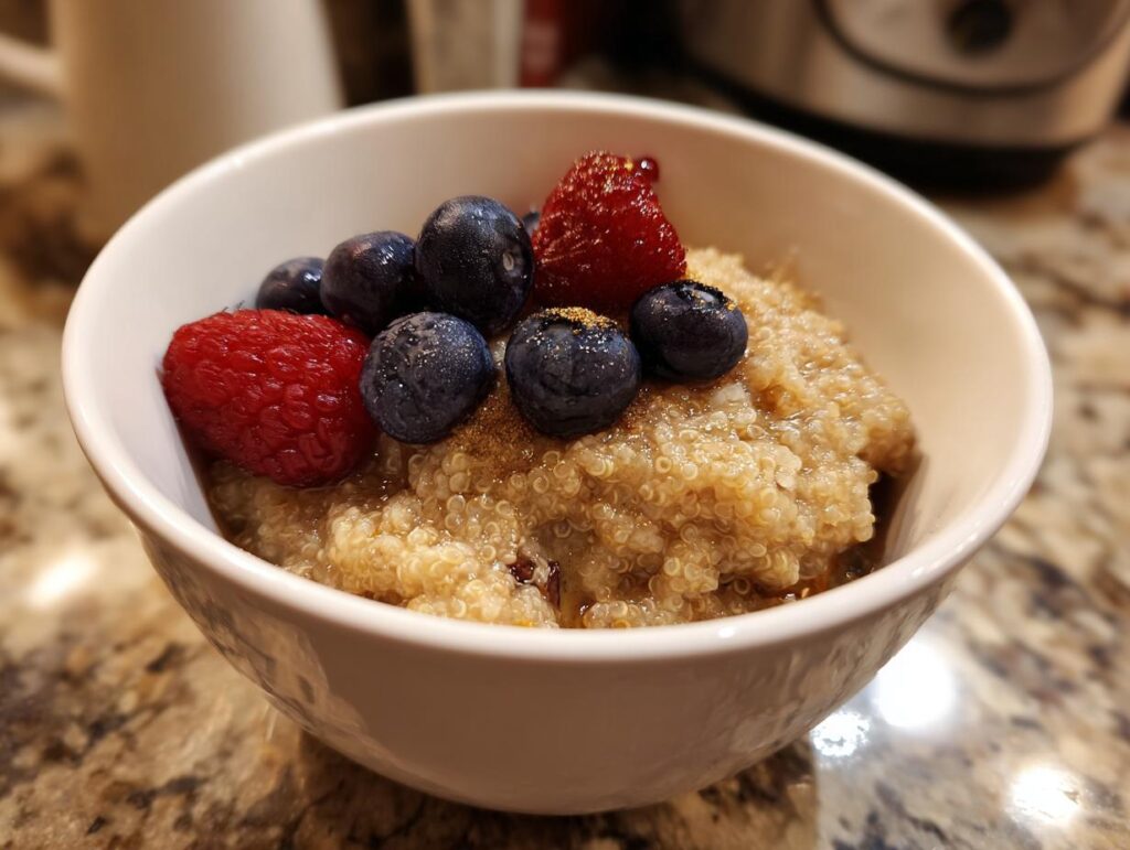 A bowl of Quinoa Pudding topped with fresh blueberries and raspberries.