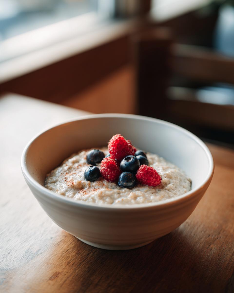 A bowl of creamy Quinoa Pudding topped with fresh raspberries and blueberries, ready to eat.