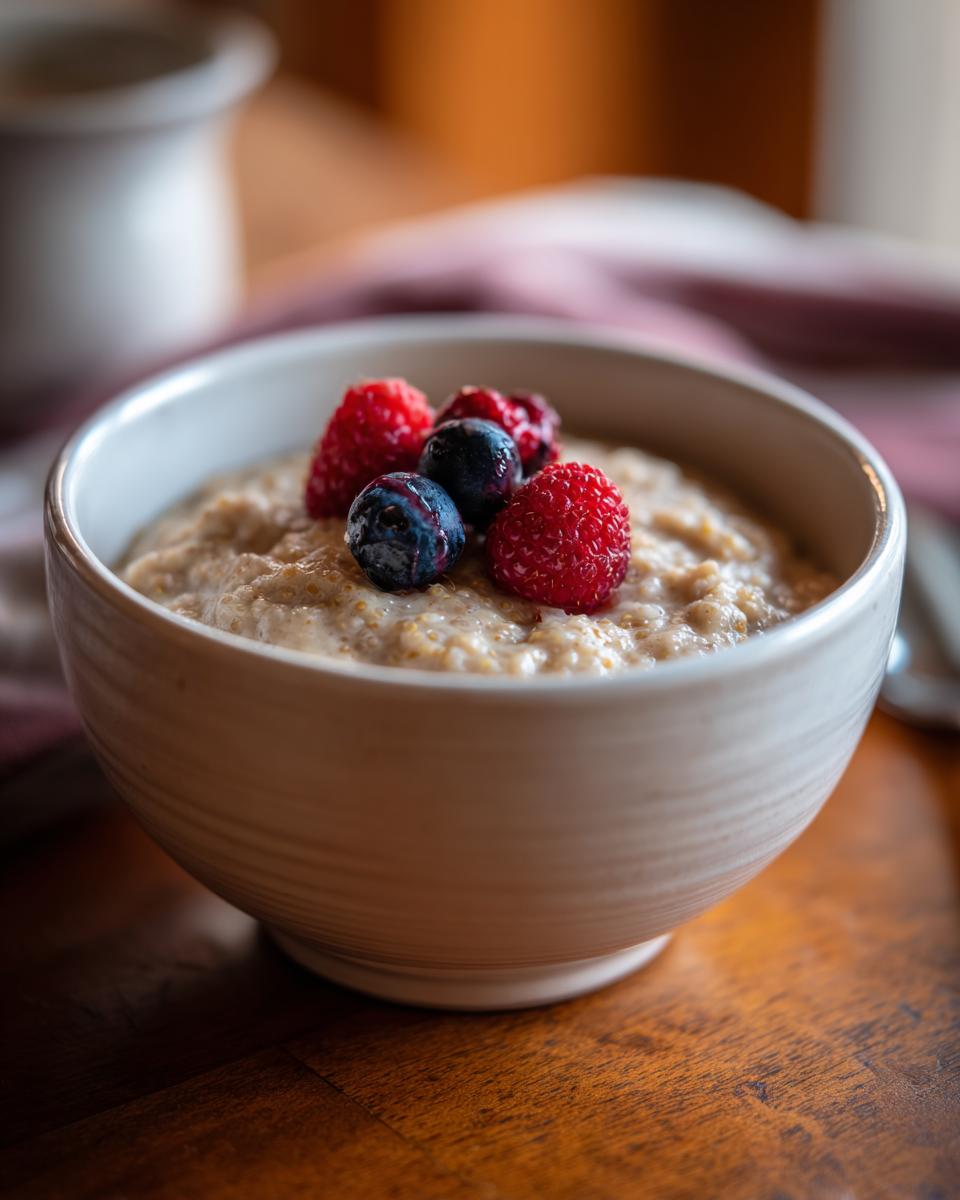 A bowl of creamy quinoa pudding topped with fresh raspberries and blueberries. Healthy and delicious quinoa pudding.