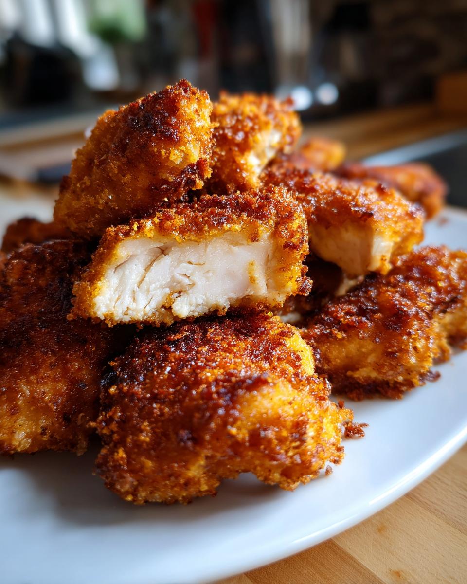 A close-up of golden Ranch-Crusted Chicken Bites piled on a white plate, one cut open to show the juicy chicken inside.