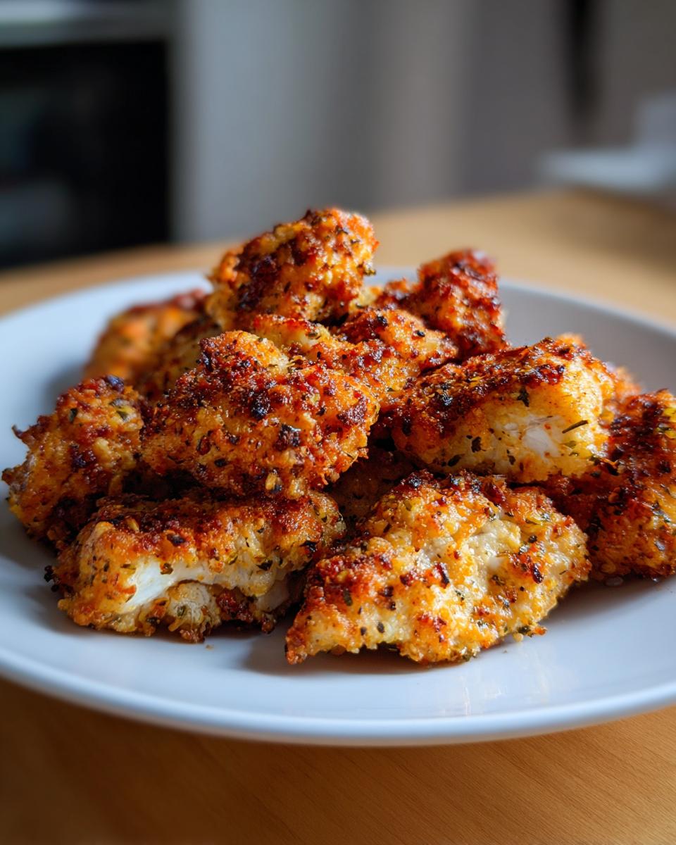 A plate of golden Ranch-Crusted Chicken Bites, showcasing the crispy, flavorful crust and juicy chicken inside.