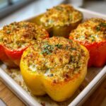 Four Ricotta Stuffed Peppers in red, yellow, and green, baked and garnished with herbs.