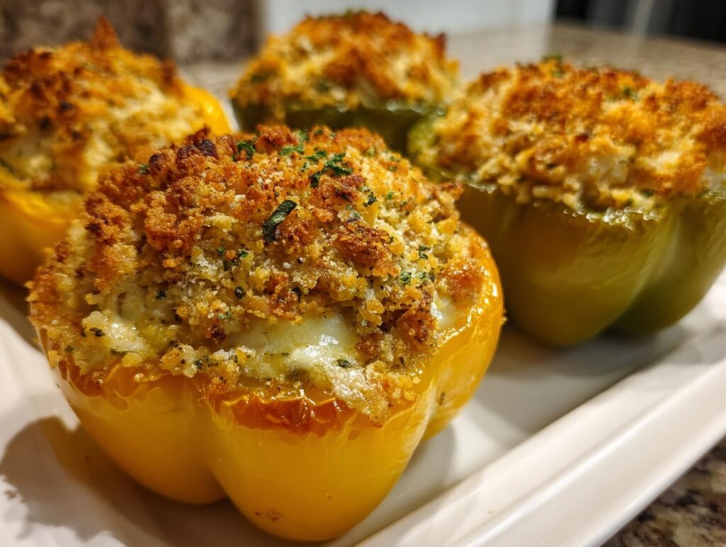 Four Ricotta Stuffed Peppers Recipe, yellow and green, with a golden brown topping on a white plate.