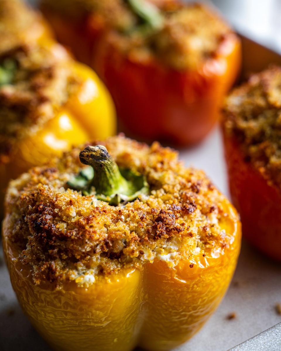 Close-up of colorful Ricotta Stuffed Peppers with a golden brown topping, ready to serve.