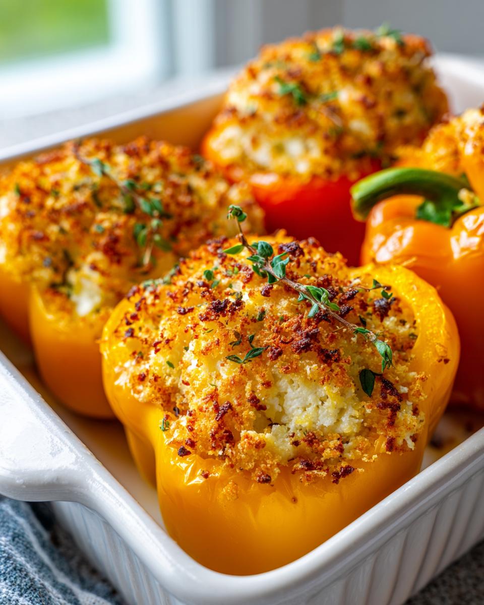 Colorful bell peppers stuffed with ricotta cheese and herbs, baked in a white dish. Ricotta Stuffed Peppers Recipe.
