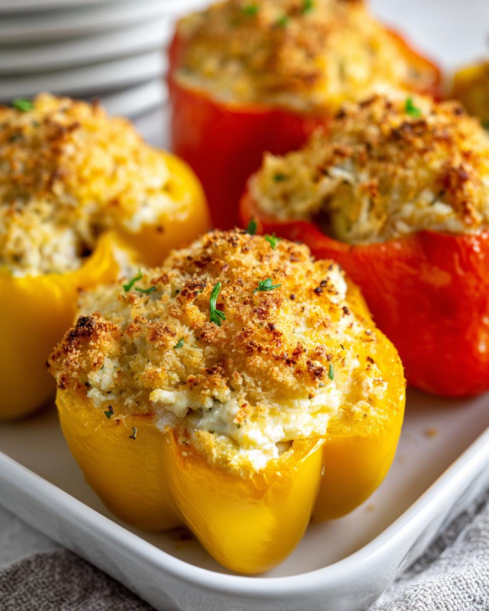 Yellow and red bell peppers stuffed with ricotta cheese and breadcrumbs, showcasing the Ricotta Stuffed Peppers Recipe.
