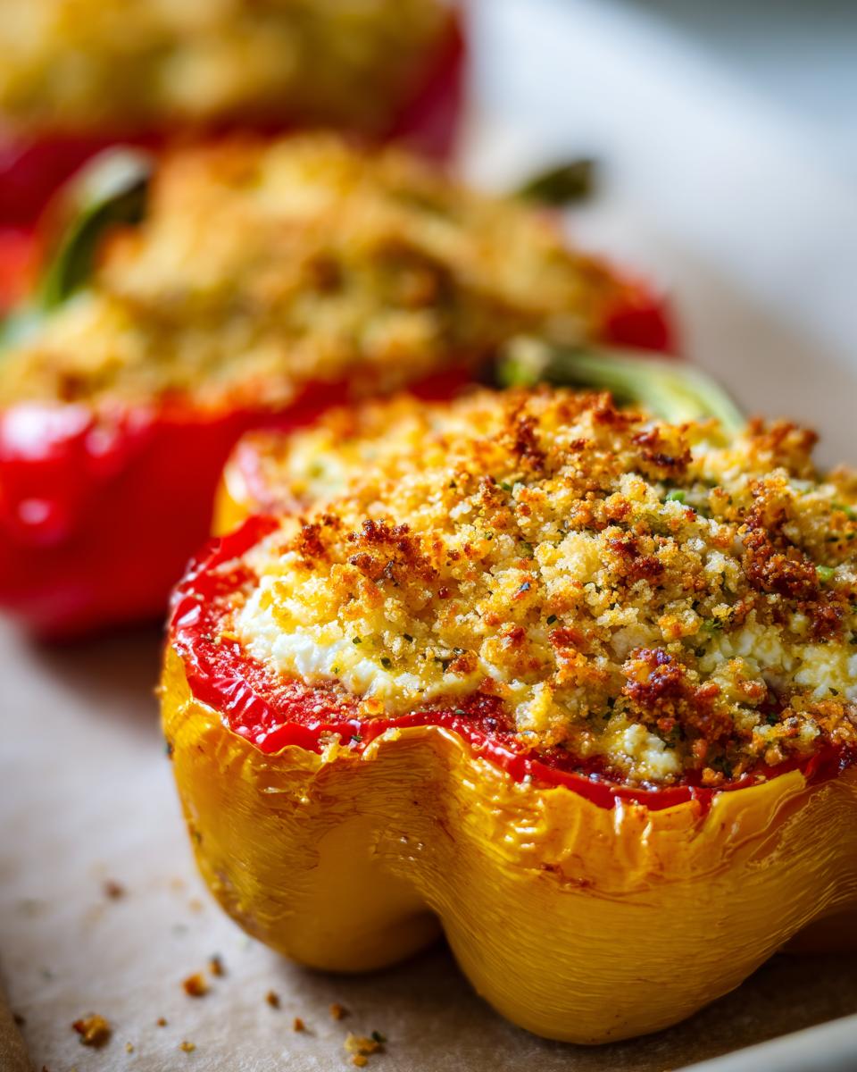 Close-up of colorful Ricotta Stuffed Peppers Recipe with golden breadcrumb topping.