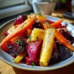 Close-up of a plate of Roasted Beets and Carrots Salad, garnished with fresh herbs.