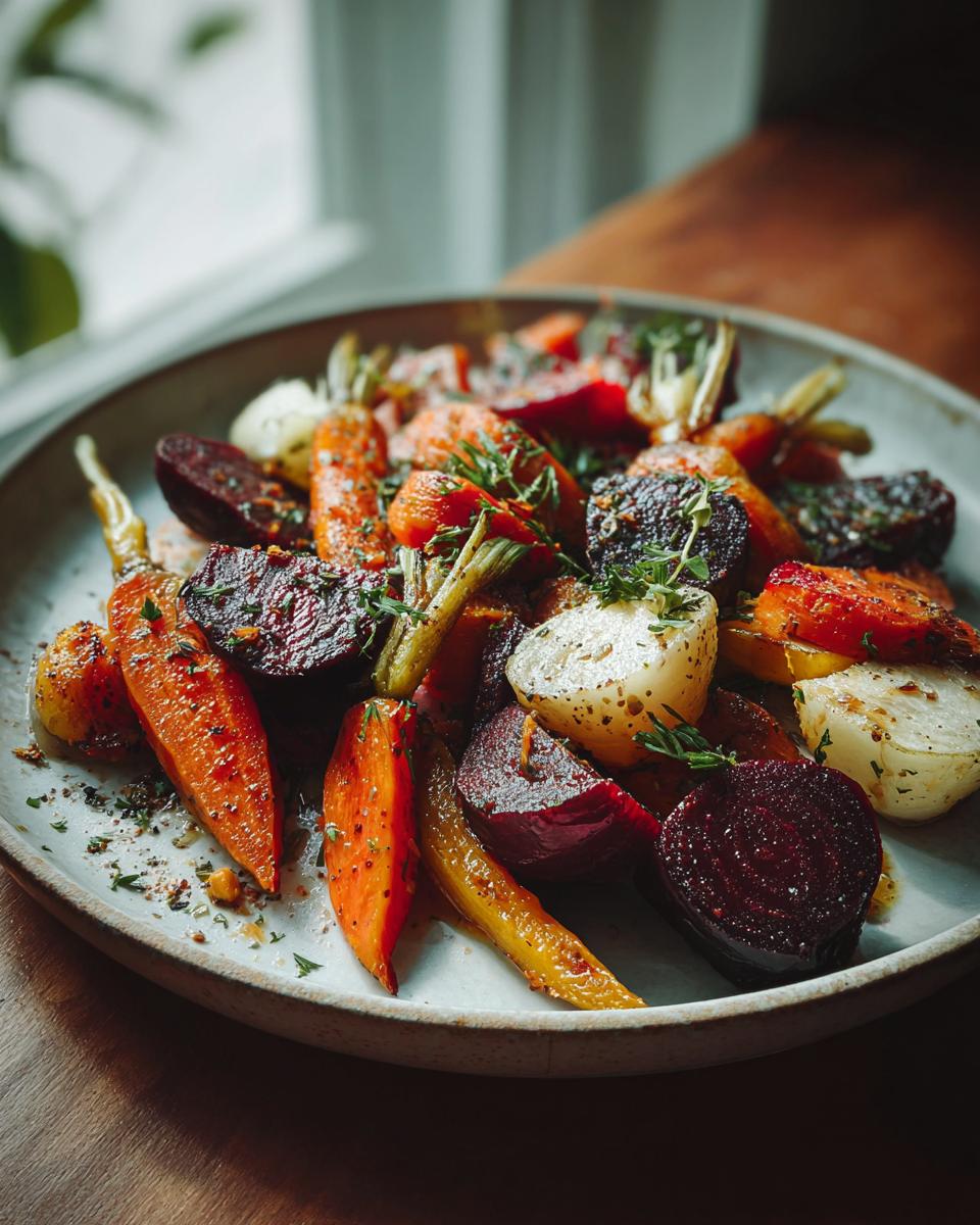 Close-up of a plate of Roasted Beets and Carrots Salad, garnished with fresh herbs.