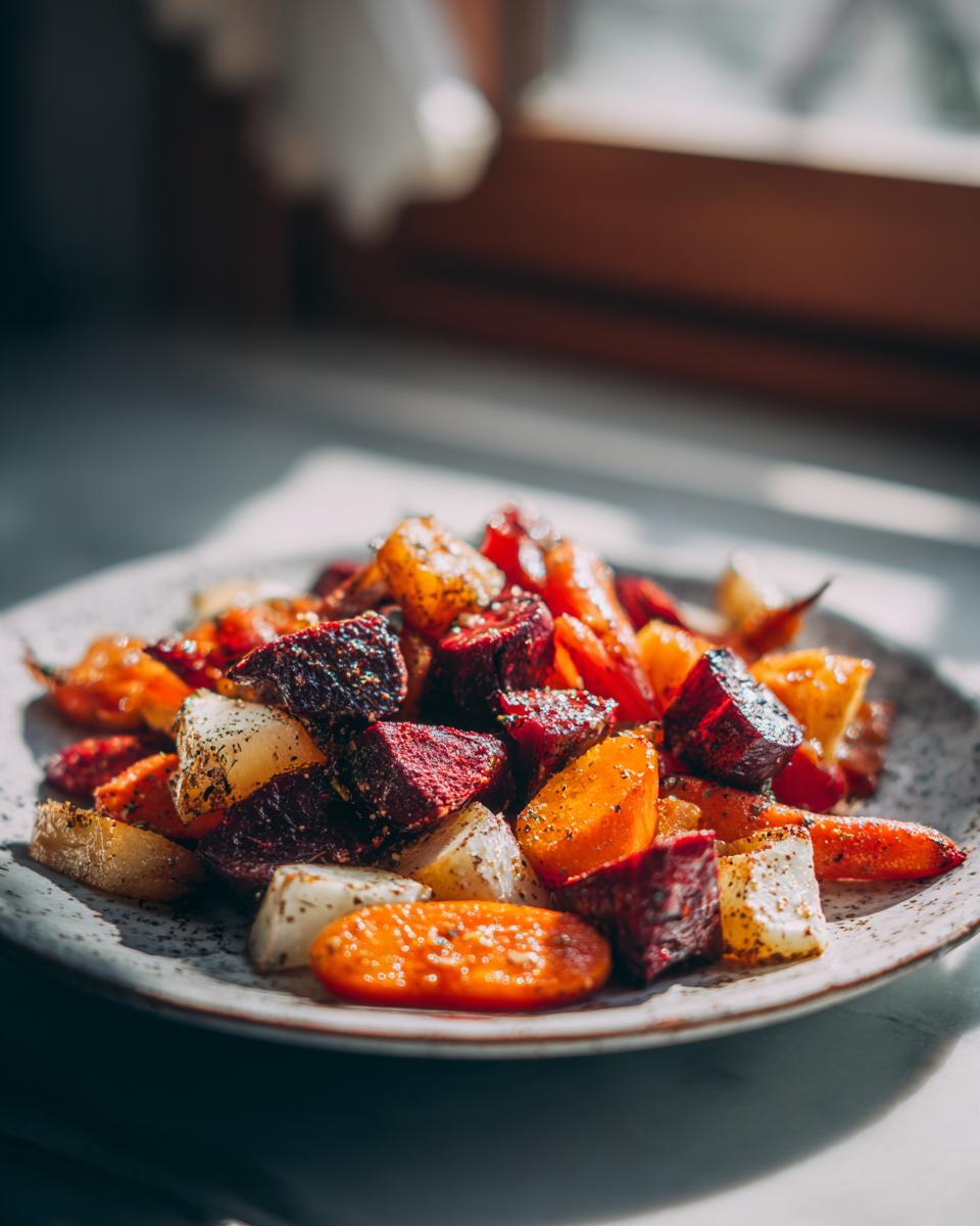 A plate of colorful Roasted Beets and Carrots Salad, featuring cubed beets, carrots, and herbs.