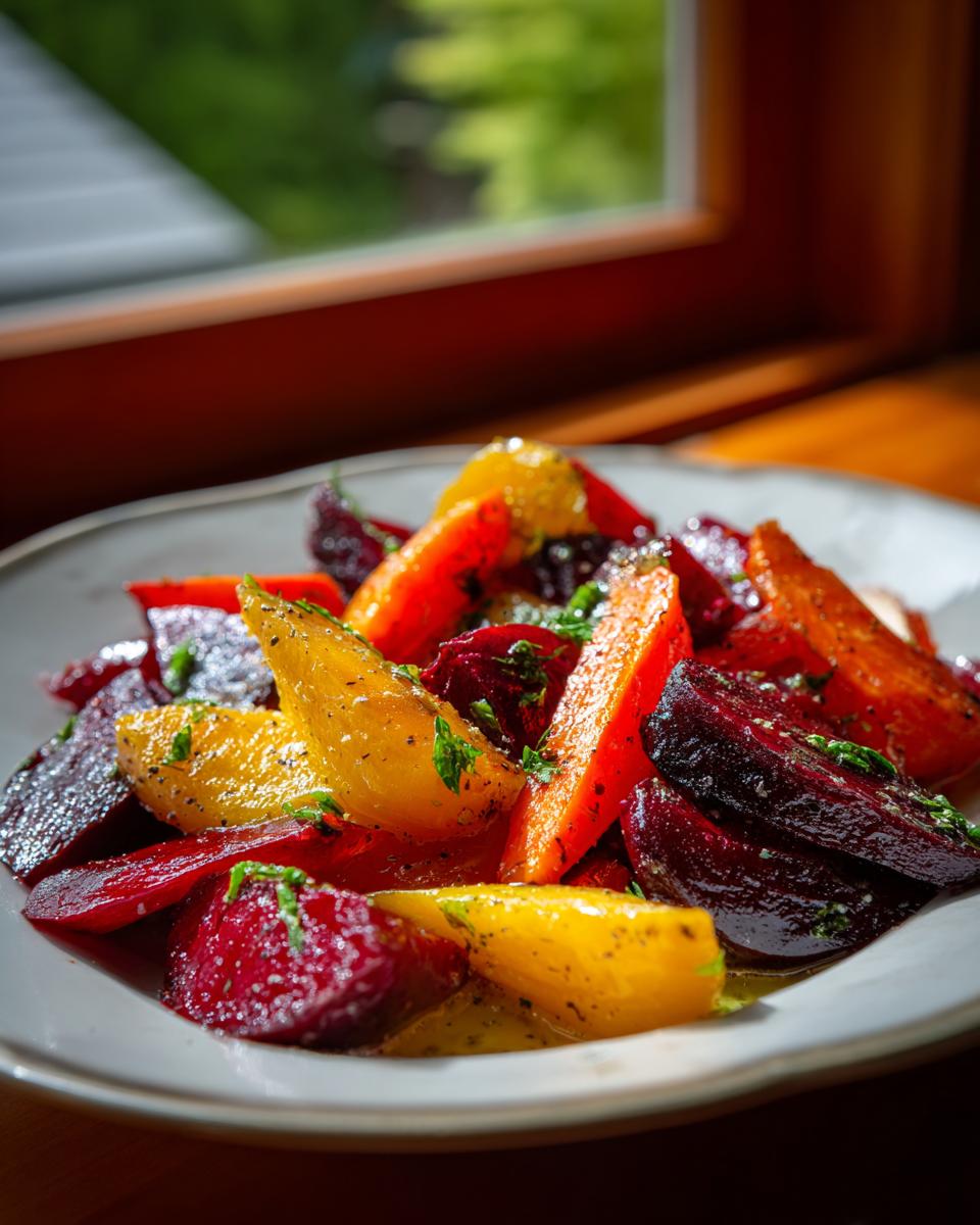 Close-up of a vibrant Roasted Beets and Carrots Salad with orange segments, garnished with herbs on a white plate.
