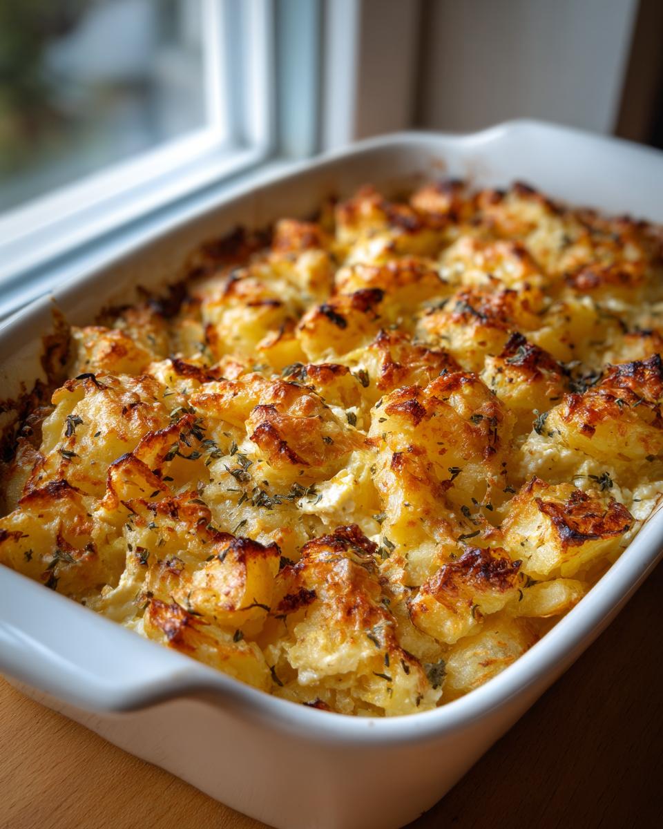 A baking dish filled with golden Roasted Potatoes with Baked Feta, garnished with herbs.