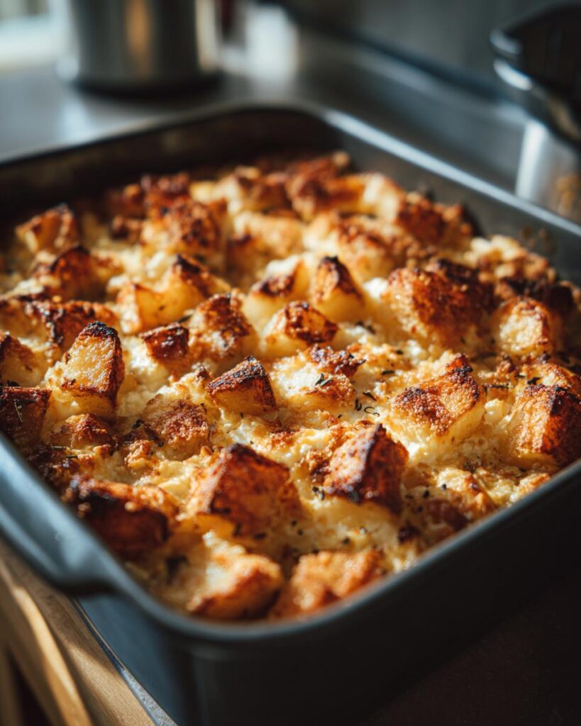 Golden Roasted Potatoes with Baked Feta in a dark baking pan, ready to serve.