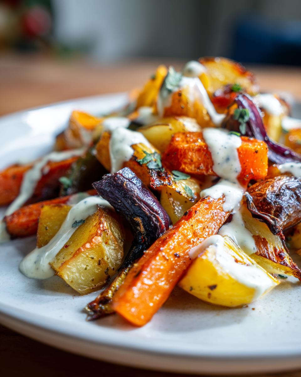 Close-up of Roasted Veggie with Tahini Yogurt dressing, showcasing colorful roasted vegetables and creamy sauce.