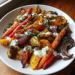 A colorful plate of Roasted Veggie dish drizzled with Tahini Yogurt dressing and garnished with parsley.